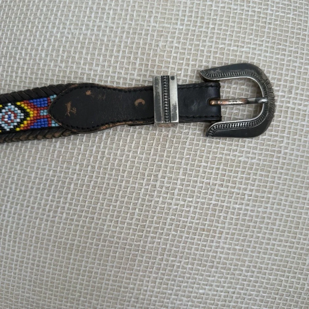 VTG Beaded Leather Belt Size 30 Southwestern Aztec Silver Buckle Country Western
